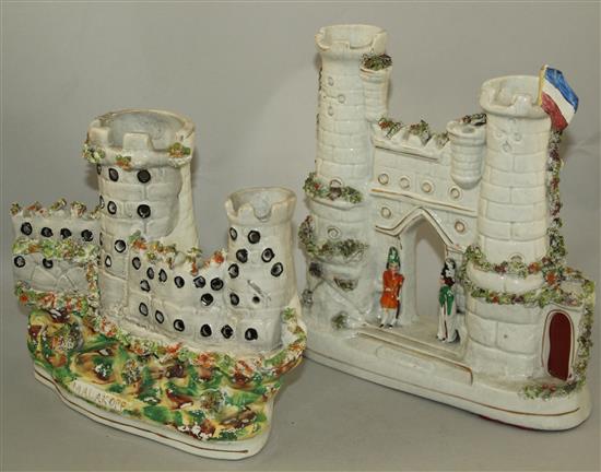 Three Staffordshire porcelaneous models of Crimean War Castles, c.1855, 20 - 24.5cm